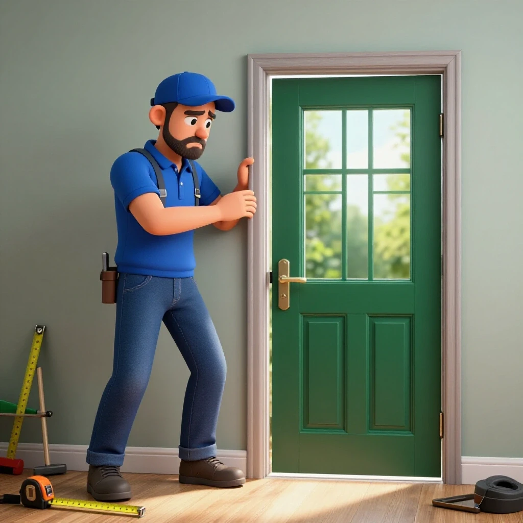 A split image showing a frustrated homeowner with tools beside a misaligned pocket door and a serene installed pocket door bathed in natural light.