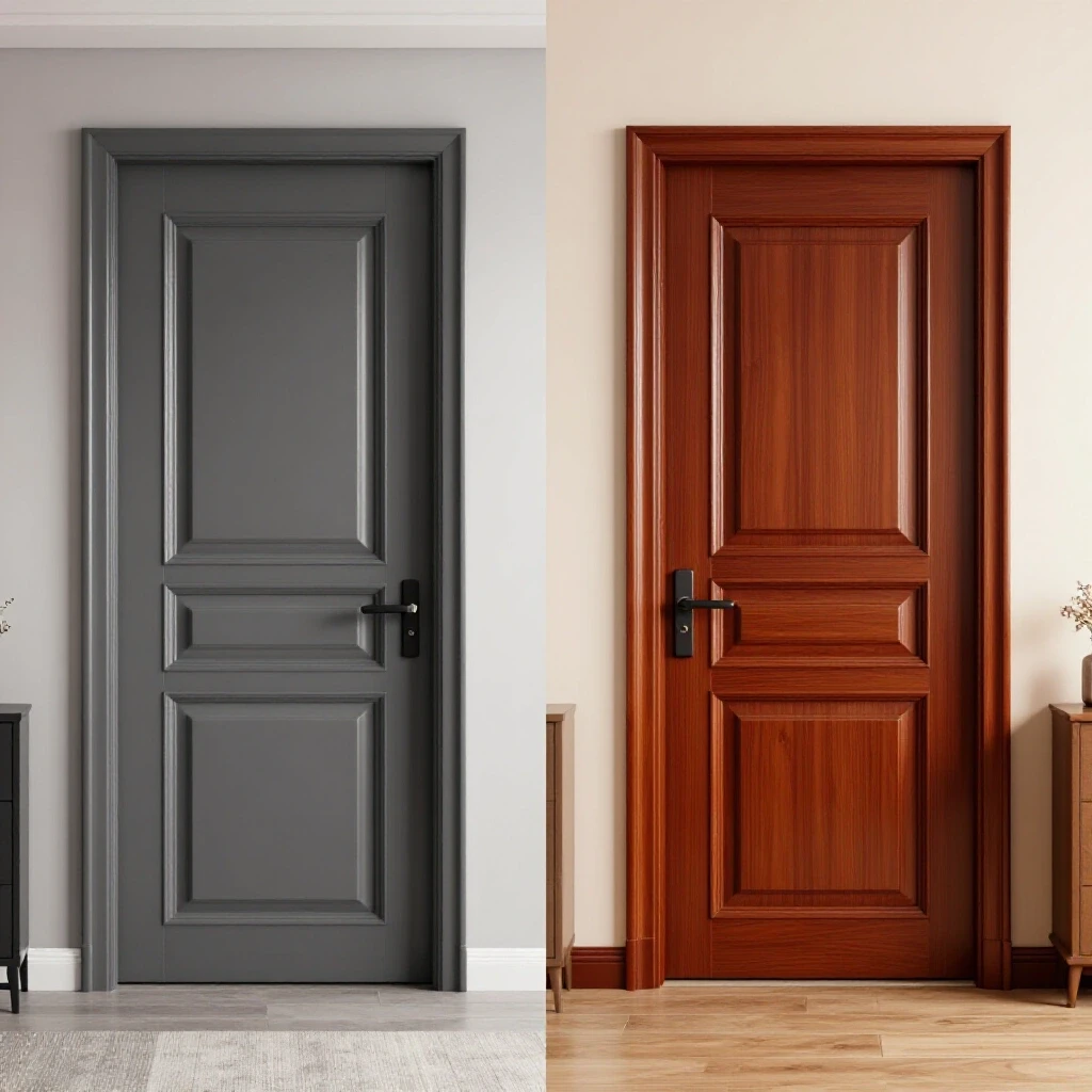 A visual comparison of a modern pocket door and a traditional hinged door in contrasting interior settings.