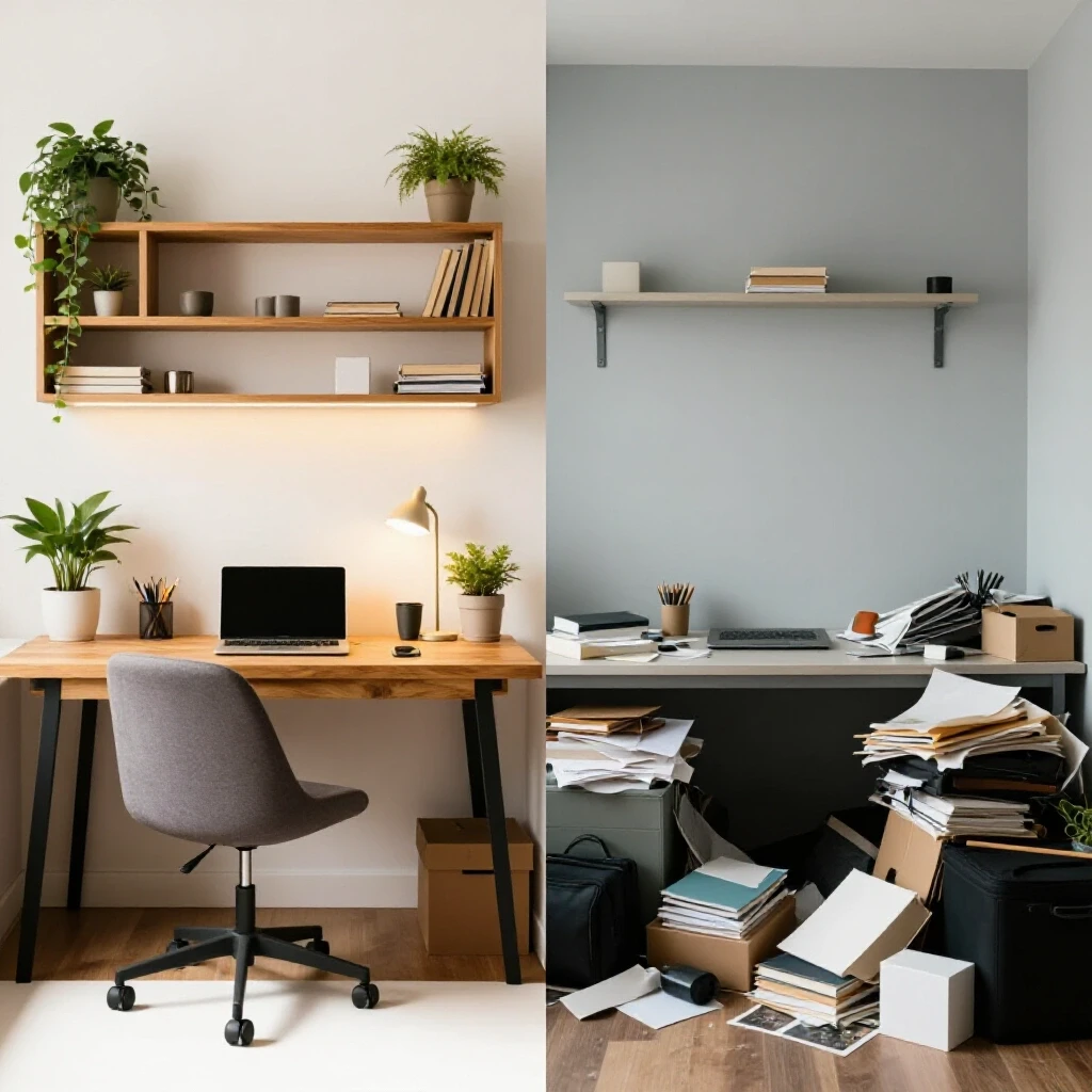 A split image showing a well-lit cozy pocket office on one side and a cluttered spare room on the other side, contrasting organization and chaos.