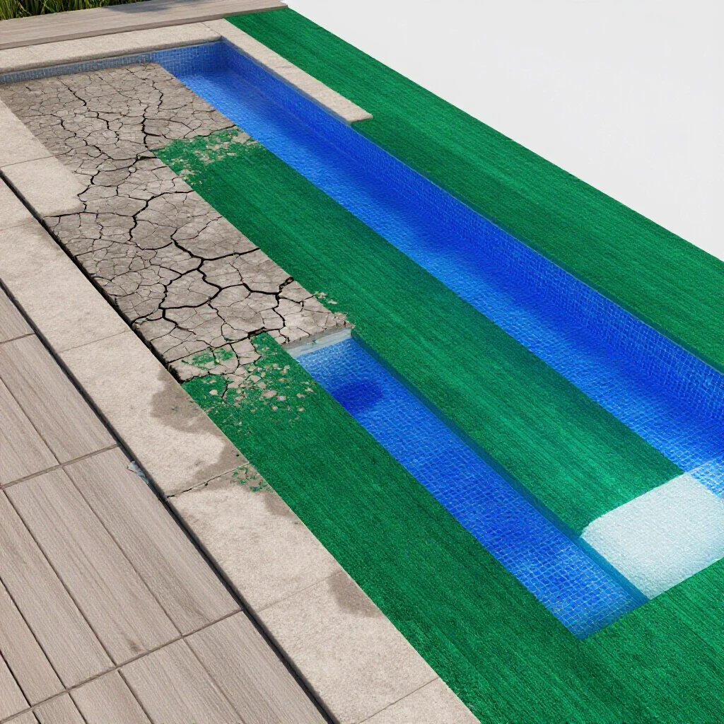 A striking visual comparison of a worn cracked pool deck on one side and a newly resurfaced deck on the other, illustrating transformation.