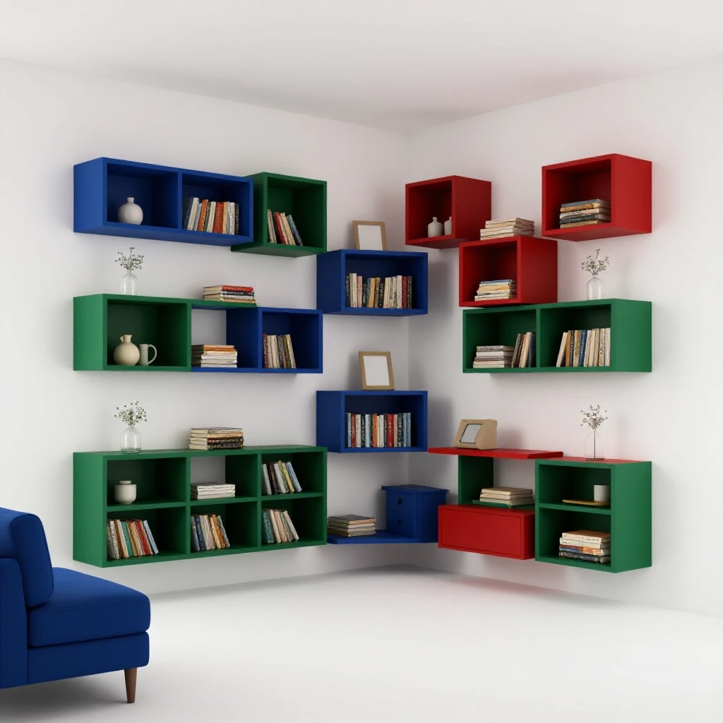 A cozy small living room with clever storage solutions and vibrant furniture against a bright background.
