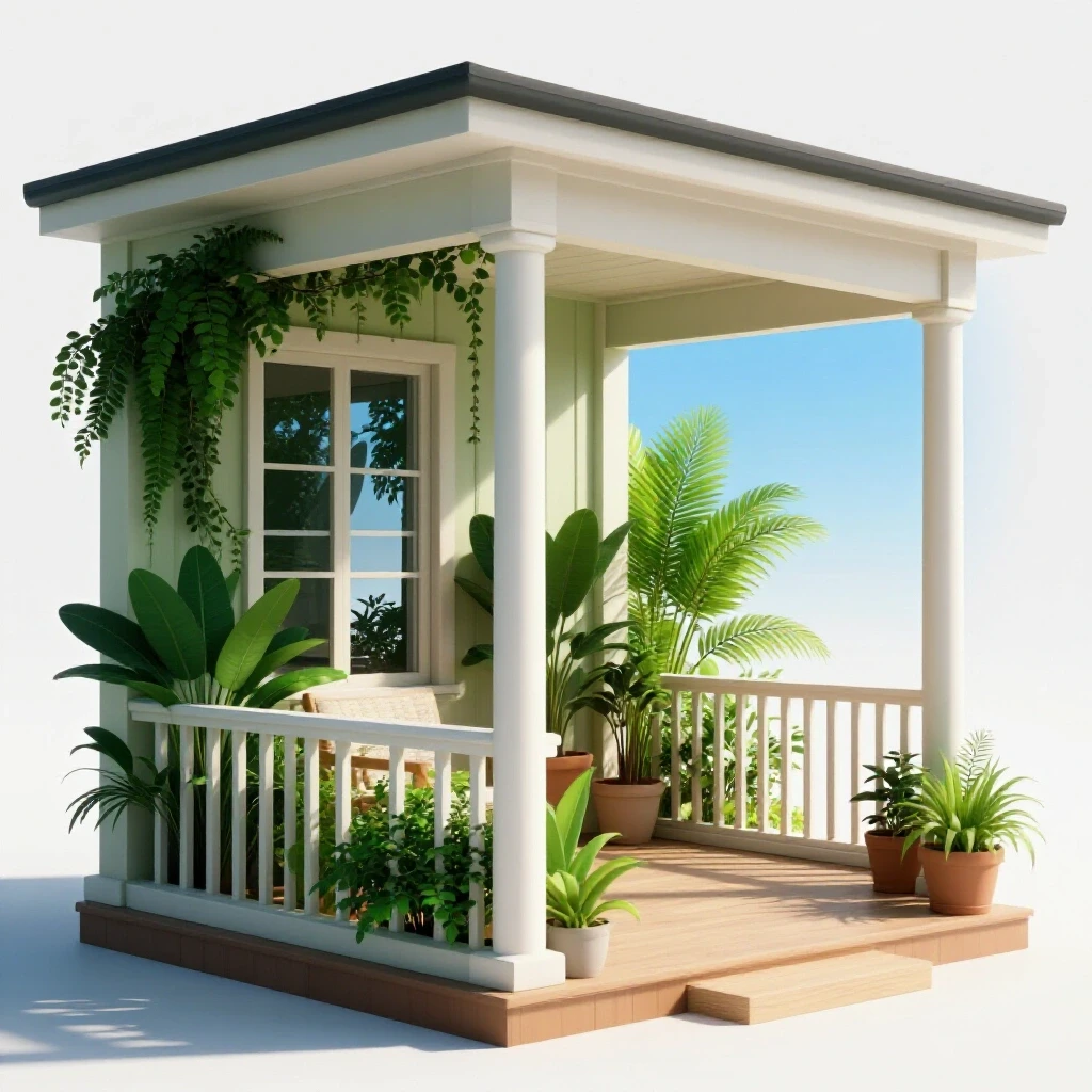 A vibrant 3D-rendered image comparing an enclosed porch with plants and an open porch under blue skies, showcasing lifestyle contrasts.