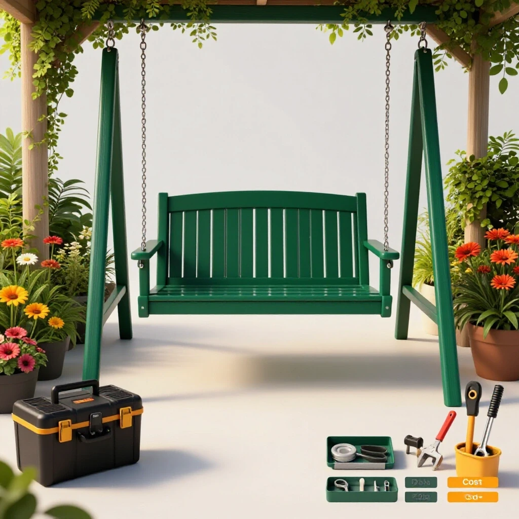 A beautifully styled porch swing surrounded by greenery and flowers, with DIY and professional tools on either side.
