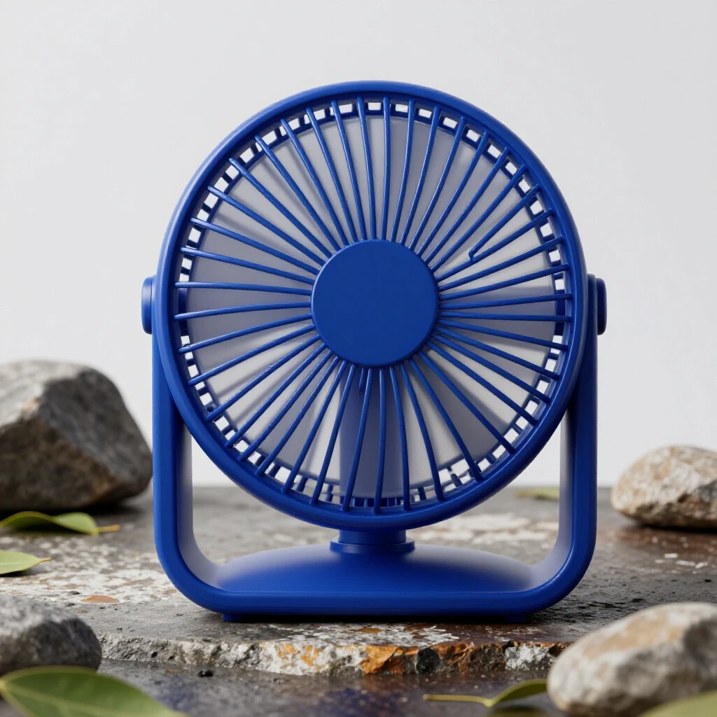 A rugged portable fan on a weathered outdoor surface, surrounded by stones and leaves, illustrating durability.