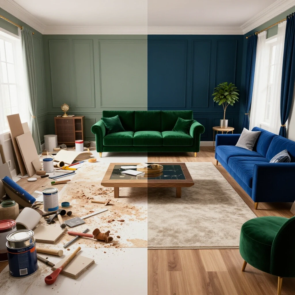 A split-screen image showing a messy room on the left and a beautifully renovated space on the right, illustrating the contrast in home renovation.
