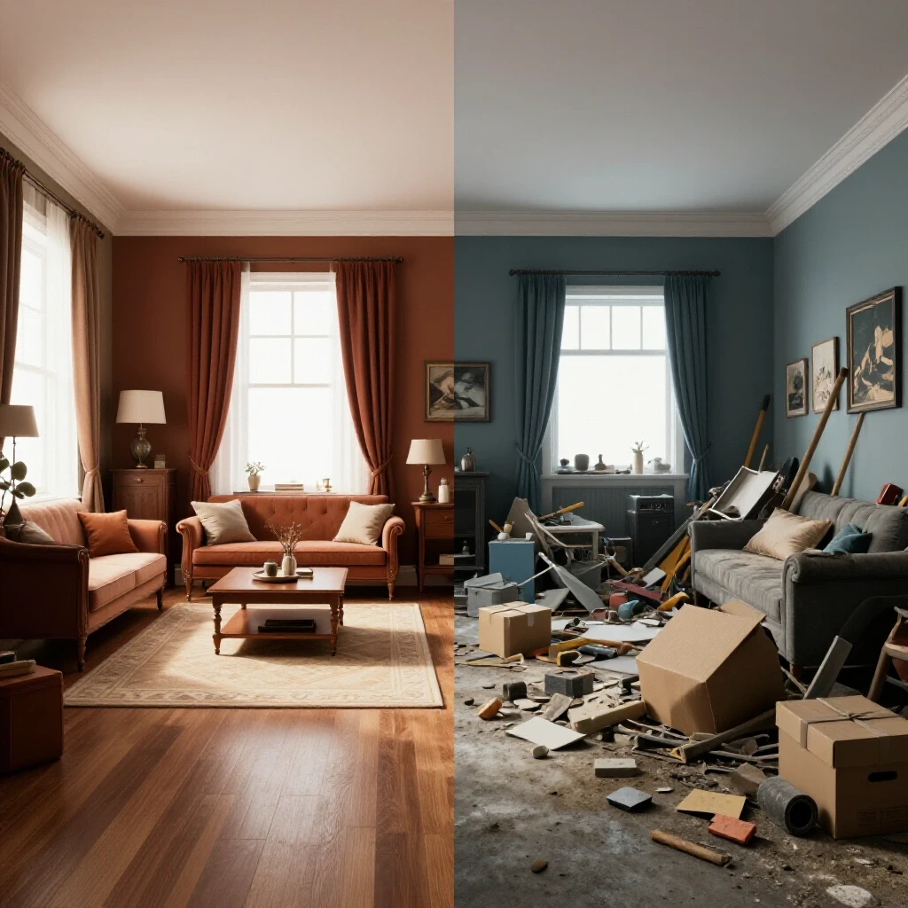 A split-image showing a beautifully renovated room contrasting with a cluttered, messy space, highlighting post-renovation cleanup themes.