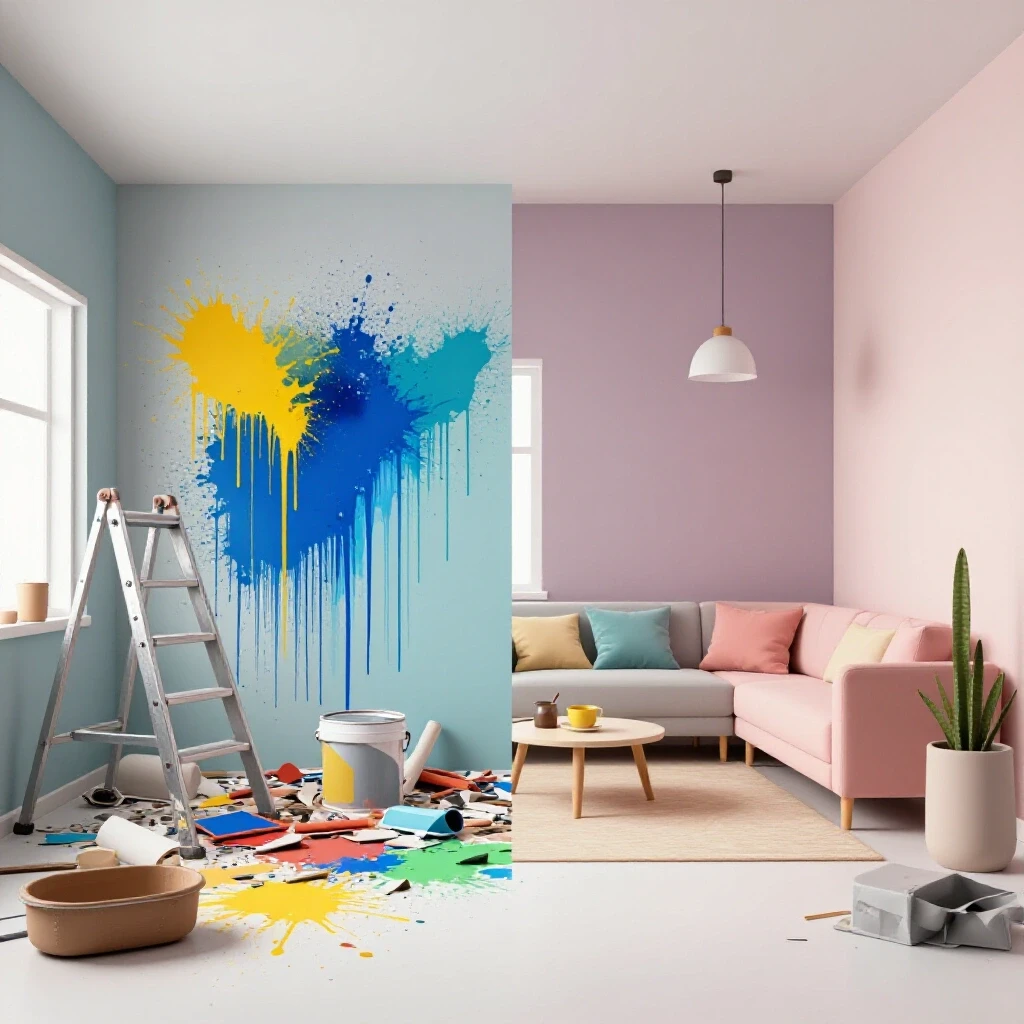 A vibrant scene illustrating post-renovation chaos on one side and a serene, organized room on the other, showcasing a transformation.