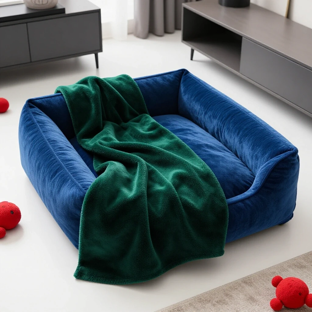 A cozy pet area featuring a plush pet bed, bright toys, and modern furniture, all set in an inviting space.