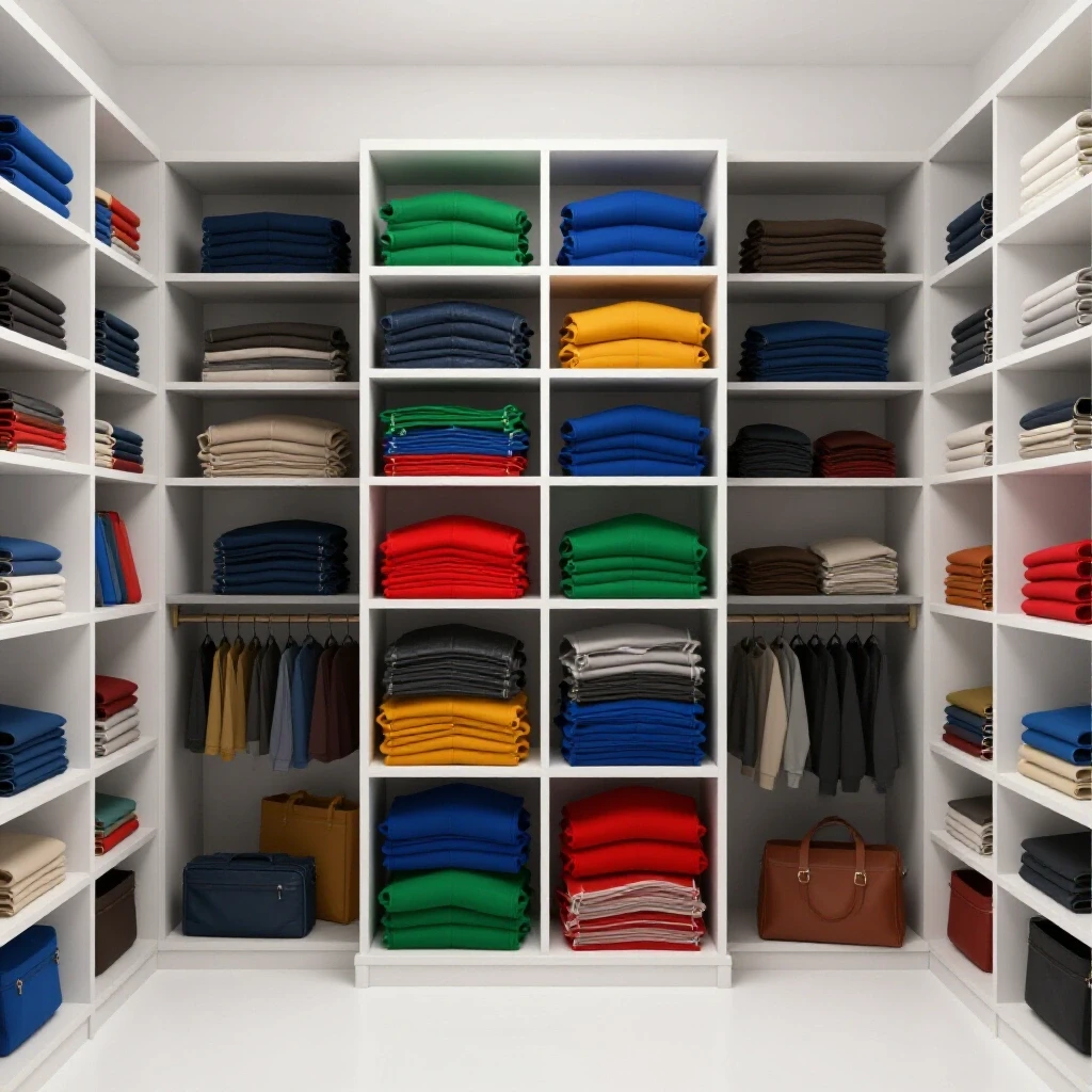 A vibrant closet space showcasing organized colorful items on one side and a cramped disordered closet on the other side.