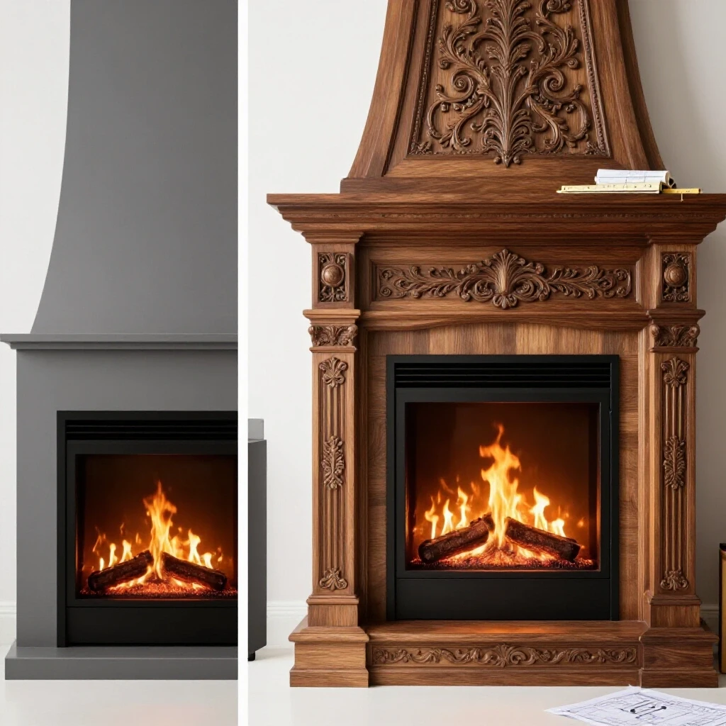 A split image showing a modern prefab fireplace on one side and a custom fireplace with design tools on the other, both with glowing flames.