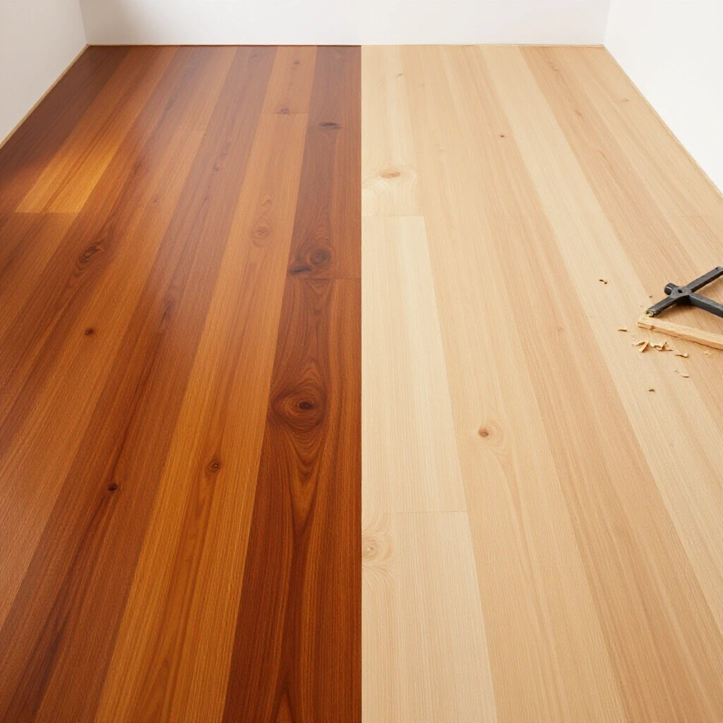 A visual comparison of prefinished hardwood flooring and raw wood surface, highlighting contrasting textures and colors.