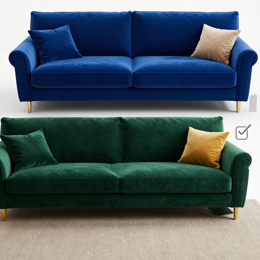 Luxurious living room scene showcasing a premium royal blue sofa and an emerald green budget-friendly alternative, emphasizing comfort and value.