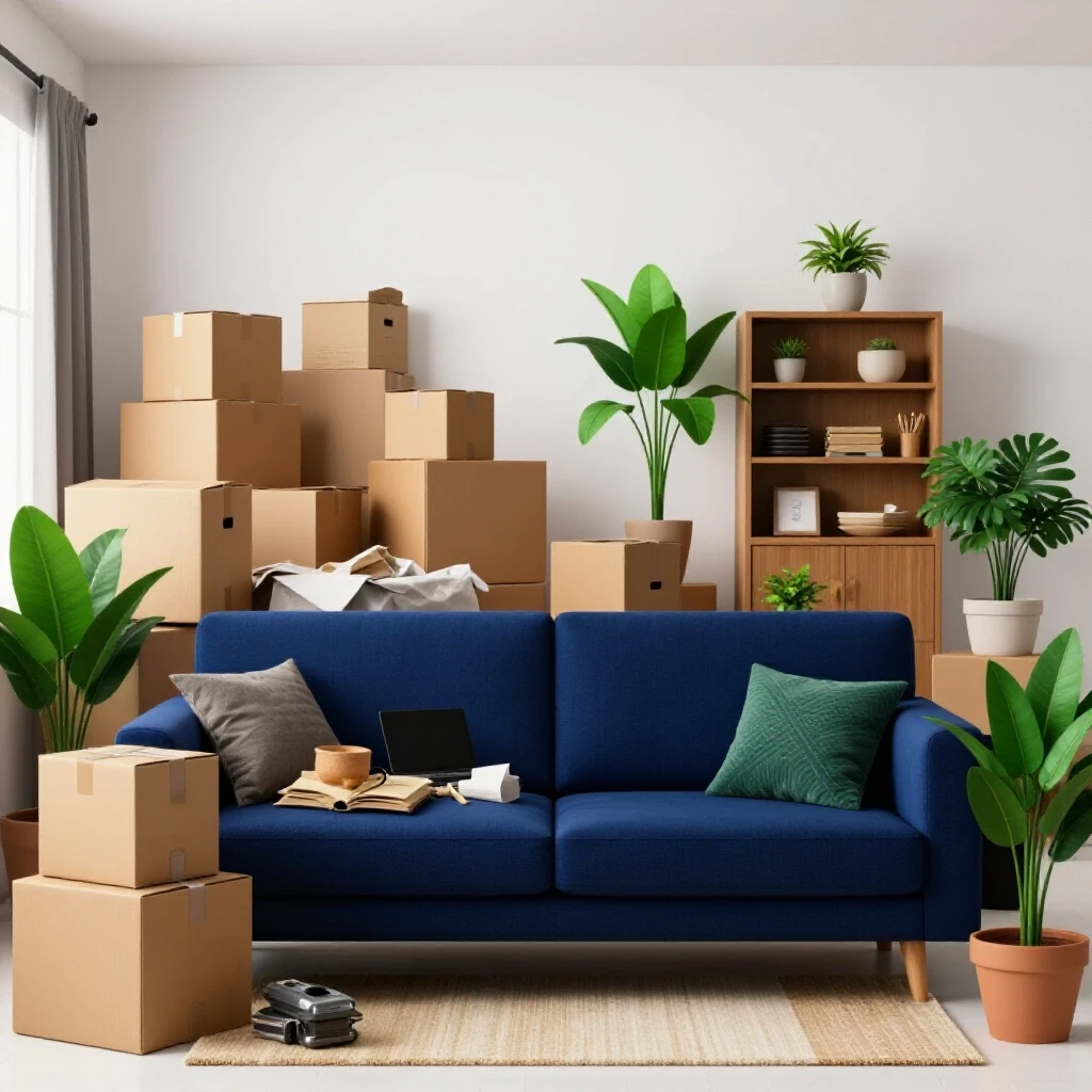 A dynamic visual transition from a chaotic room with packing boxes to an organized, inviting living space, symbolizing moving day preparations.