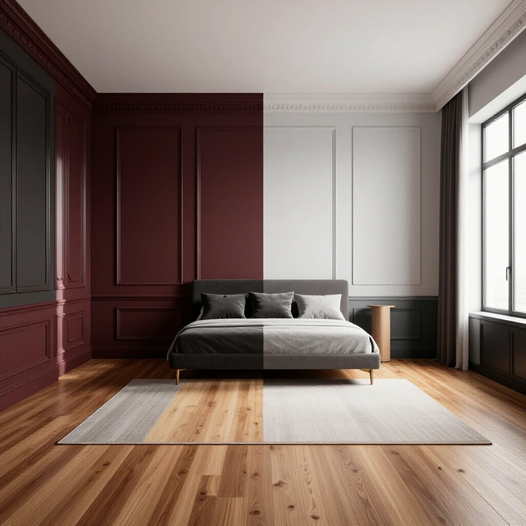 A beautifully renovated room showing a contrast between vintage and modern elements with rich colors.