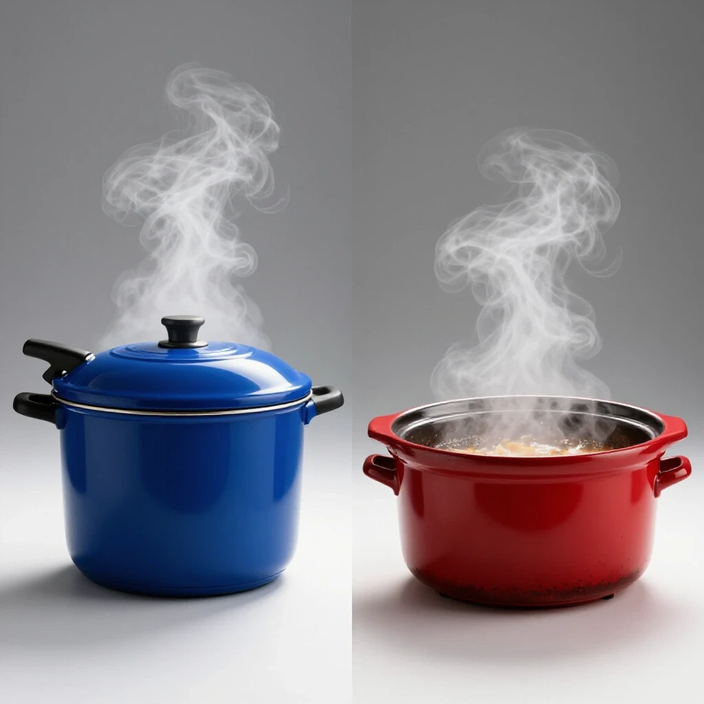 Vibrant pressure cooker contrasting with a rustic slow cooker, both showcasing warm, inviting meal preparation.