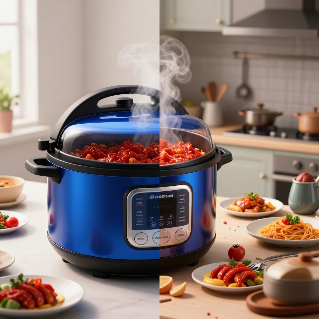 A split image showing a glossy meal in a pressure cooker on one side and a chaotic kitchen scene on the other, highlighting efficiency vs chaos.