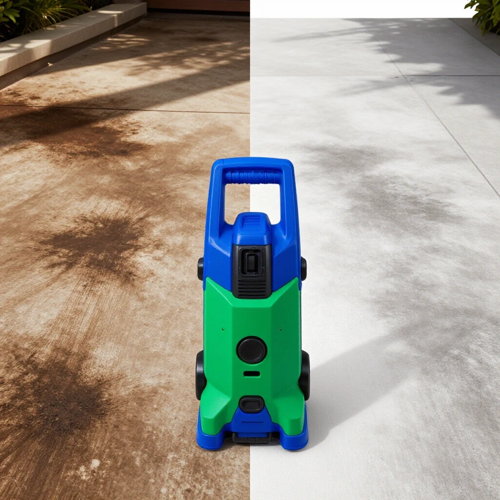 Before-and-after image showing a dirty patio transformed into a clean surface using a pressure washer, highlighting the dramatic difference.
