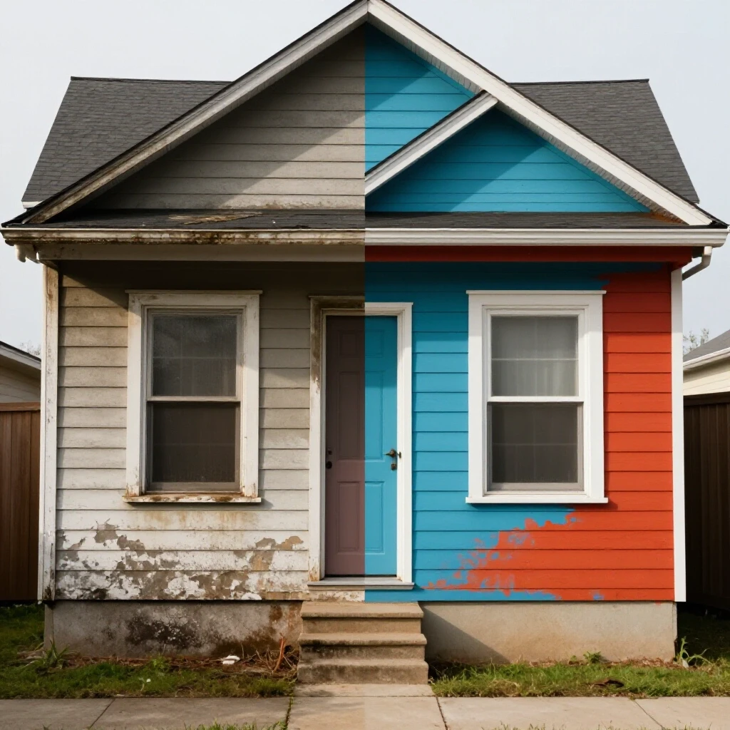 A striking split-image showing a dirty home exterior next to a freshly pressure-washed side, highlighting the stark transformation.
