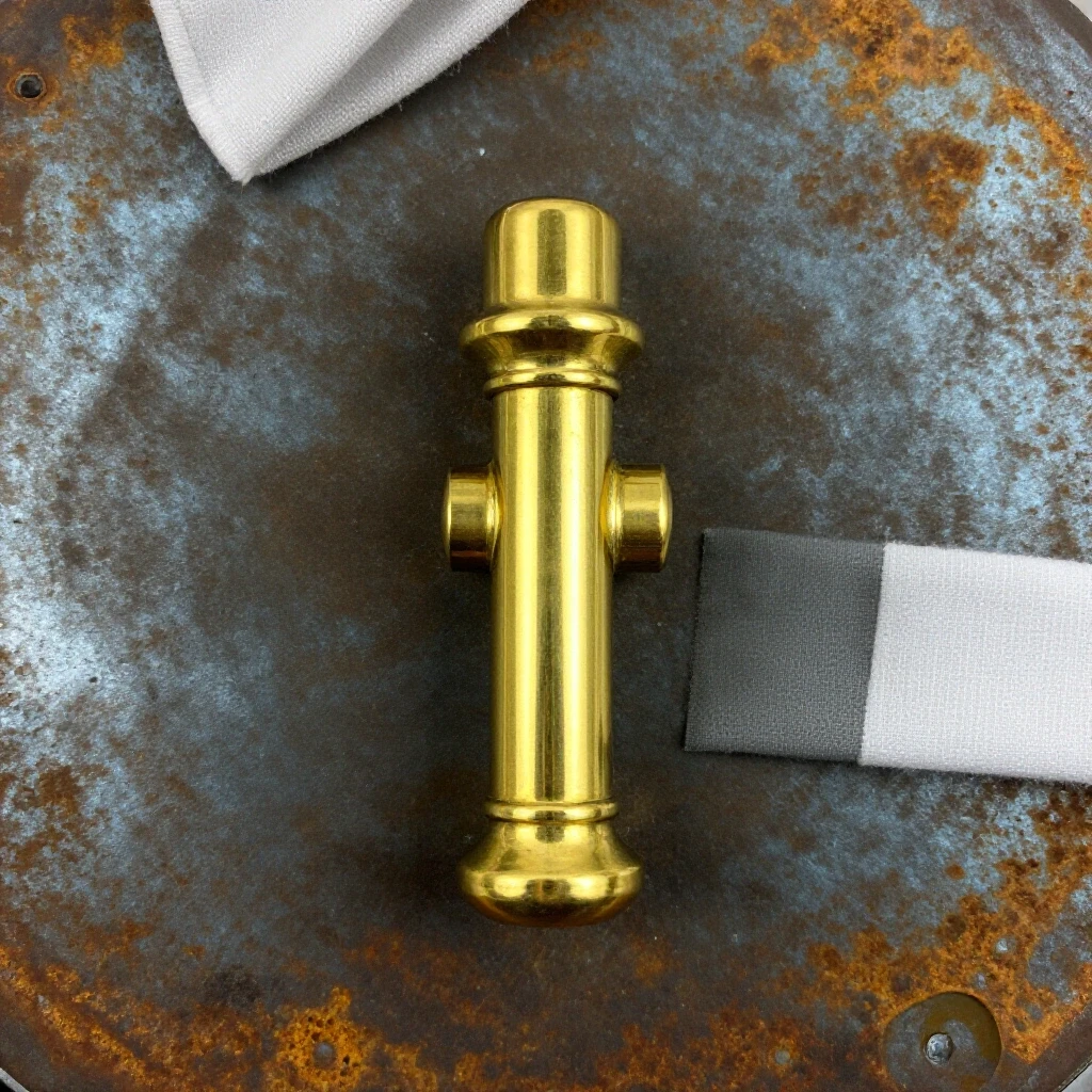 Close-up of gleaming brass hardware on tarnished metal background, emphasizing maintenance and care.
