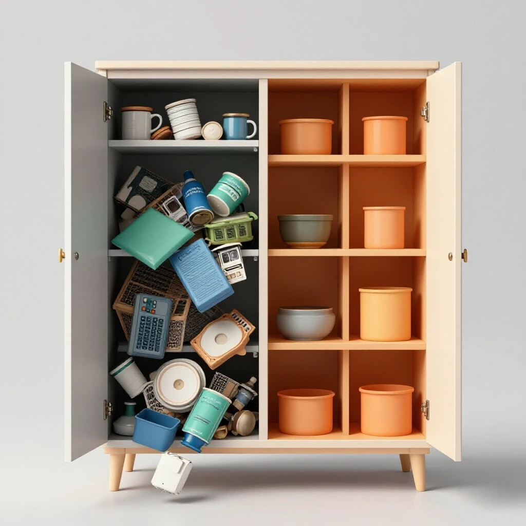 A 3D-rendered cabinet displaying a chaotic side with overflowing items and a neat, organized side, showing contrasting colors.