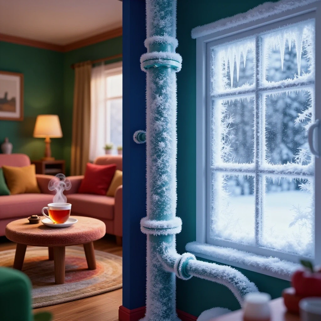 A split-screen image showing a cozy interior with warm lighting and a frosty exterior featuring a frozen pipe, illustrating the contrast between comfort and cold.