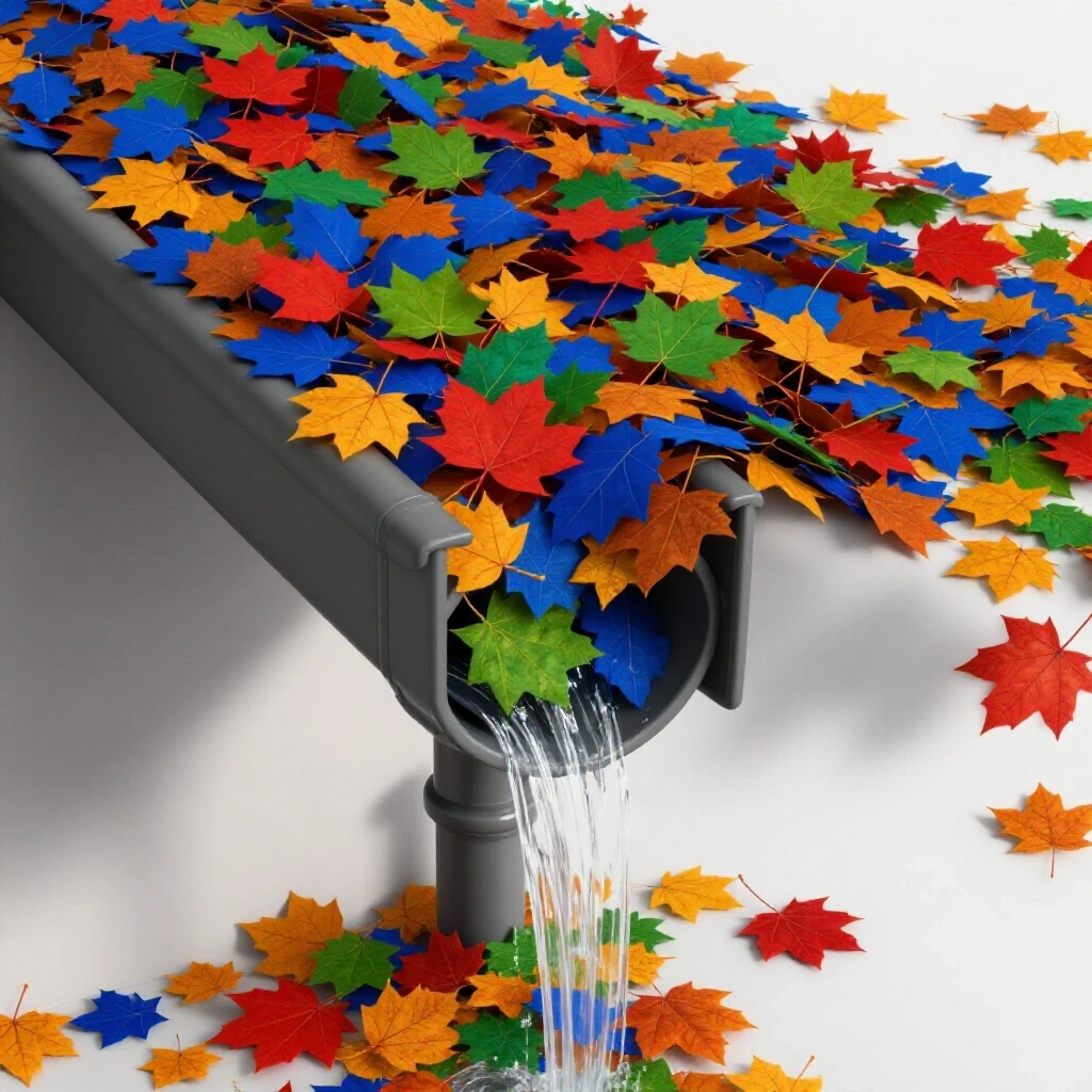 A vibrant autumn scene featuring a well-maintained gutter overflowing with colorful fallen leaves in rich hues.