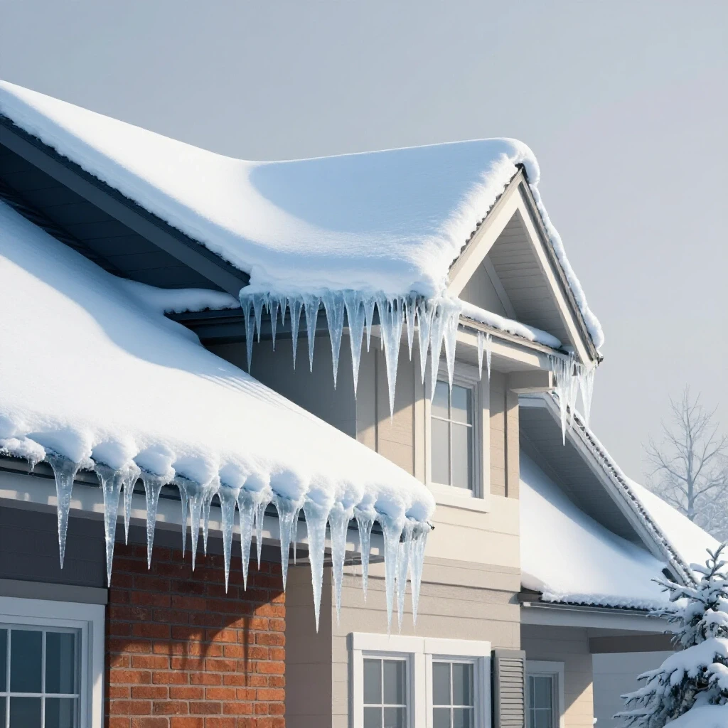 A snowy roof with icicles hanging from the gutters, illustrating the prevention of gutter ice dams in a sunny setting.