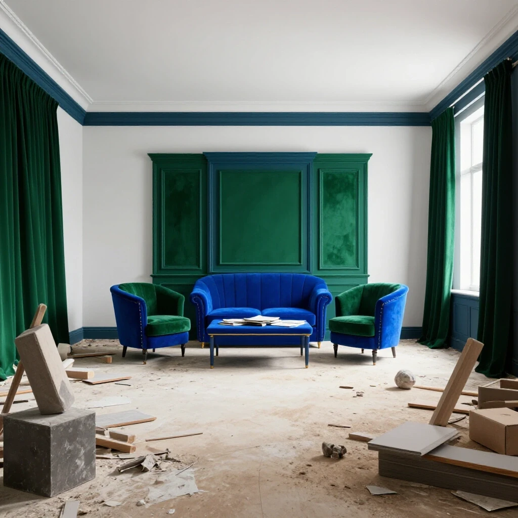 A striking visual contrast between a completed vibrant renovation and a messy half-finished renovation area, evoking curiosity about home improvement success.