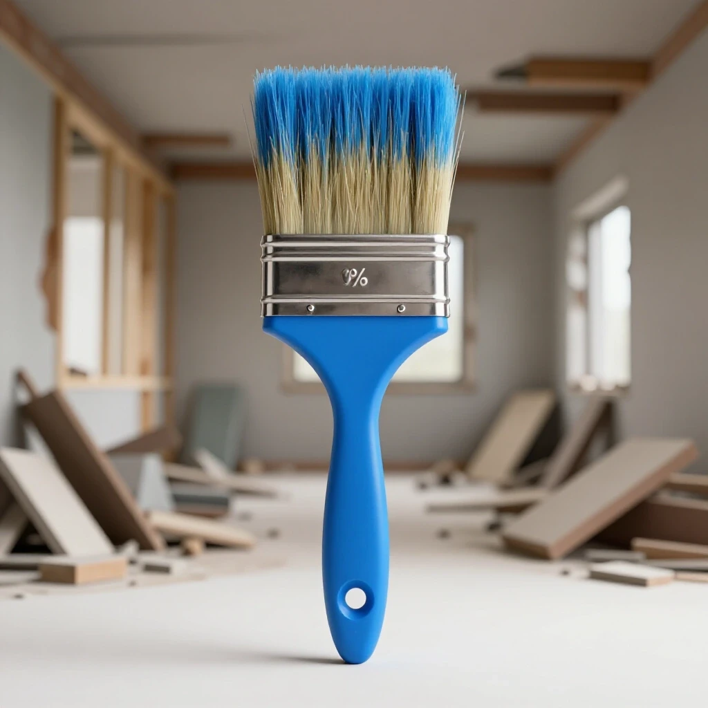 A blue paintbrush in the foreground with a blurred, chaotic renovation scene behind it, illustrating urgent home repair needs.