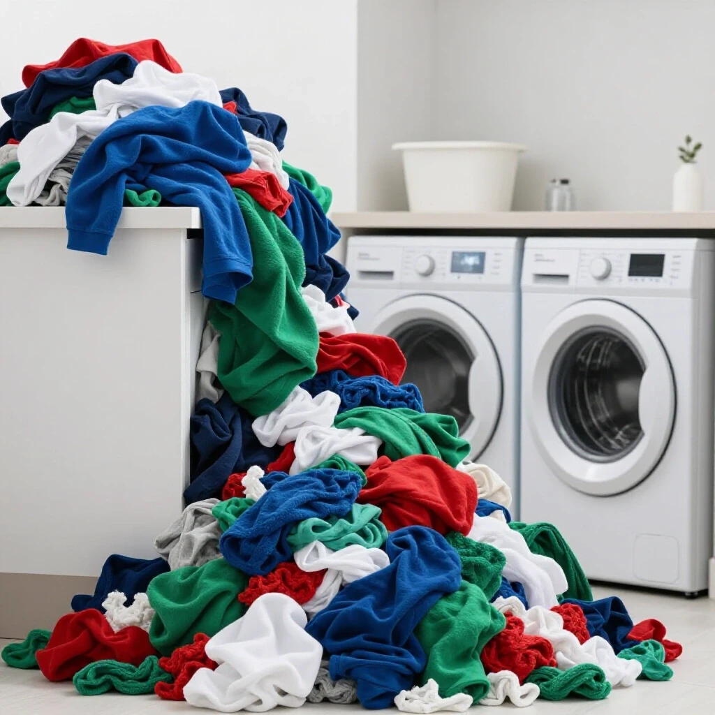 A split image showing chaotic laundry lint and a tidy laundry room emphasizing fire safety.