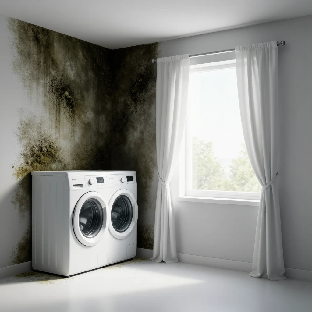 A laundry room showing a dark mildew corner contrasting with a bright, airy space featuring flowing curtains and sunlight.