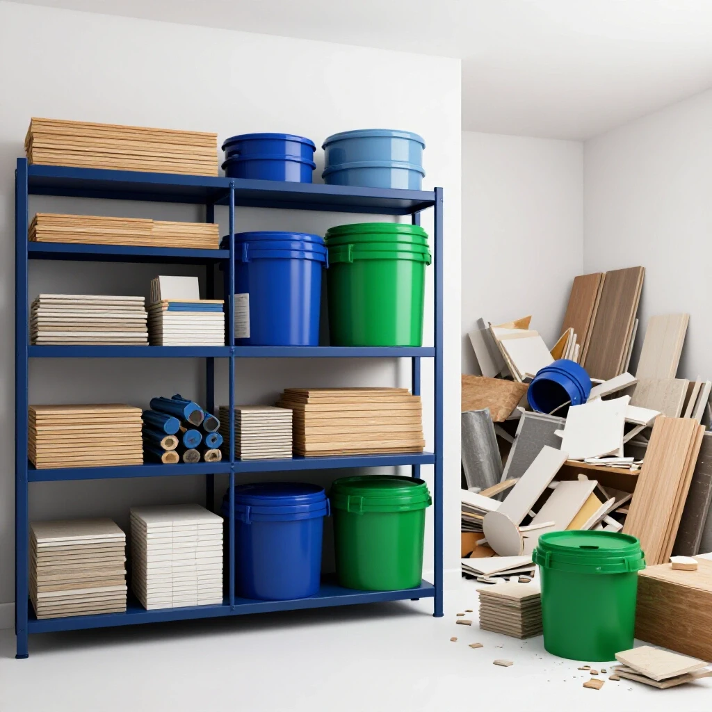 A juxtaposition of a neatly organized storage space with a chaotic renovation scene, emphasizing material protection during renovations.