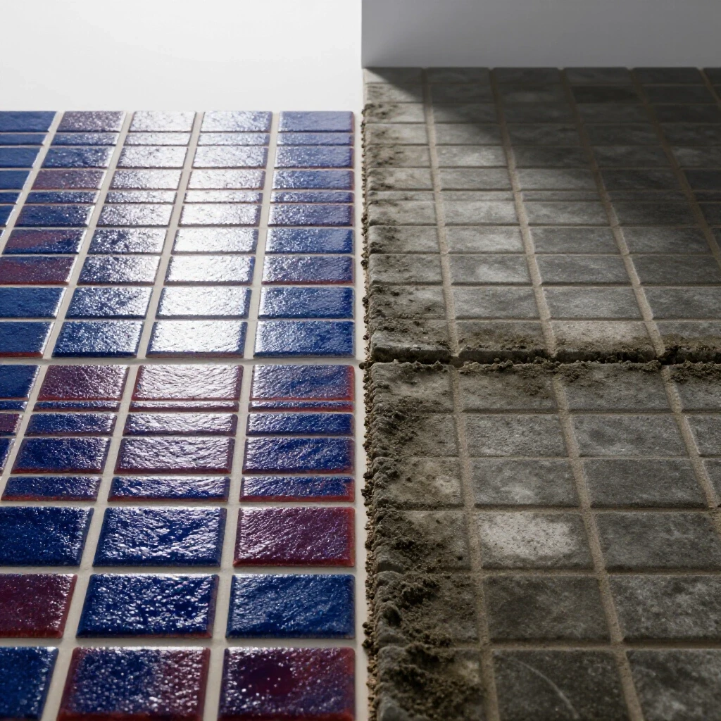 A split scene comparison of vibrant shower grout versus dull mildew-stained grout, highlighting cleaning contrast.