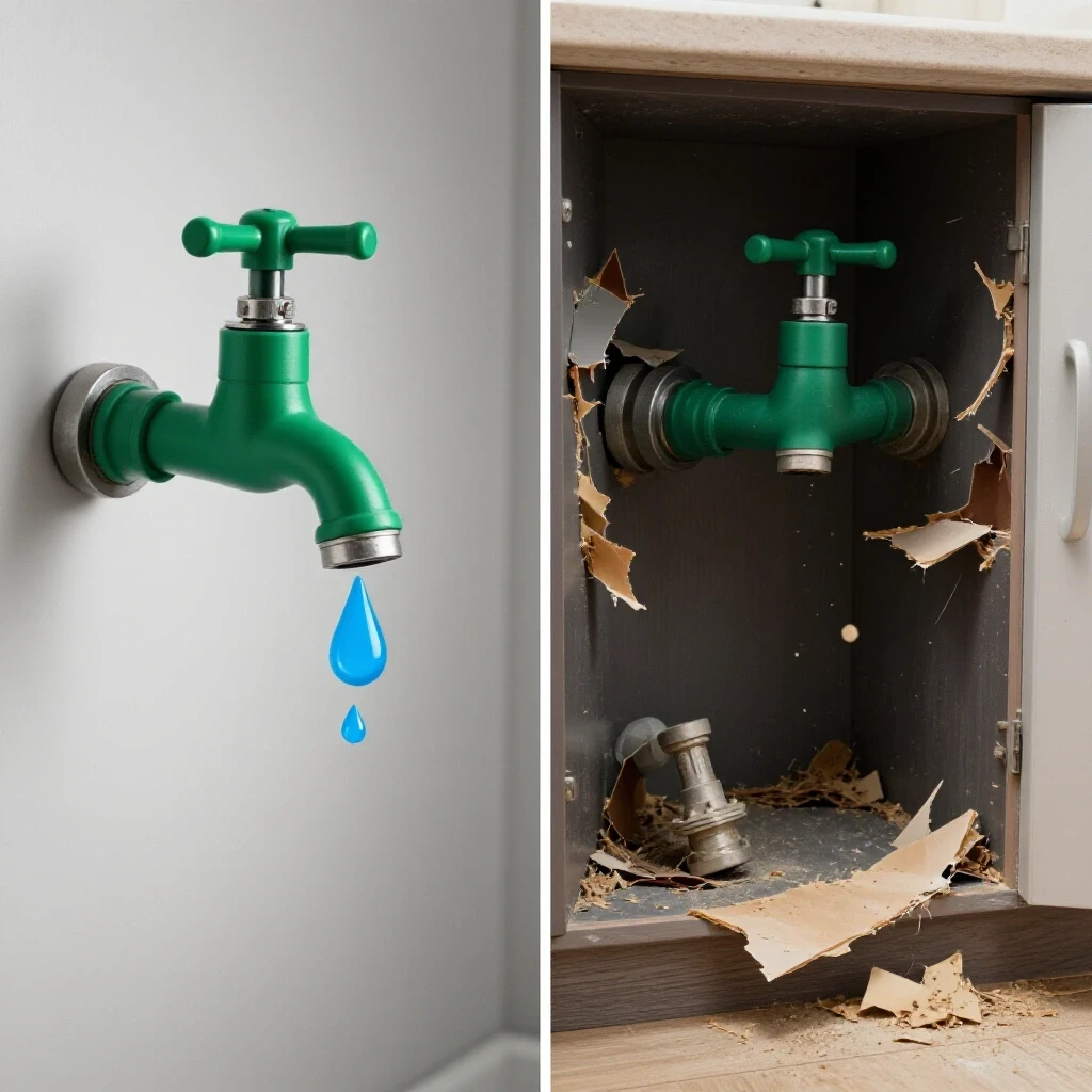Split image highlighting a small leaking faucet versus a chaotic water damage scenario, showcasing home care importance.
