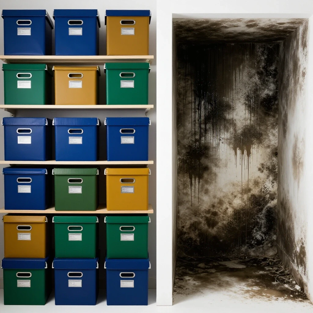 A split-screen image showing one side of a clean, vibrant basement with organized storage boxes and the other side a moldy, damp area, illustrating mold prevention.