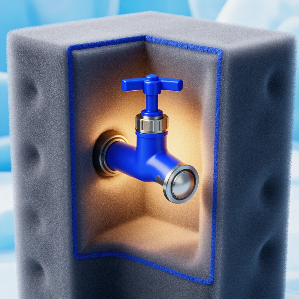 A well-insulated outdoor spigot covered with foam in a bright icy blue environment, highlighting freeze protection techniques.