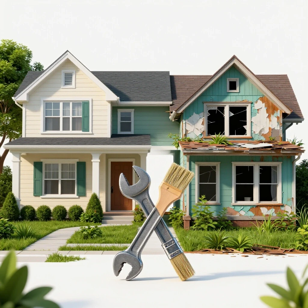 Illustration contrasting a well-maintained home with a deteriorating house and symbolism of home repair tools in between