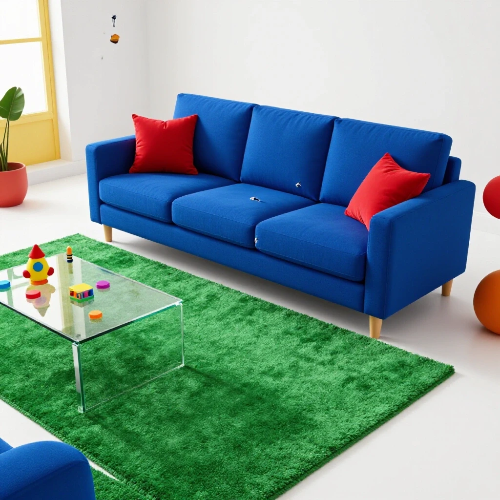 A vibrant living room with a blue couch showing a tear, colorful toys, and crayon marks on the wall, evoking a kids-friendly space.