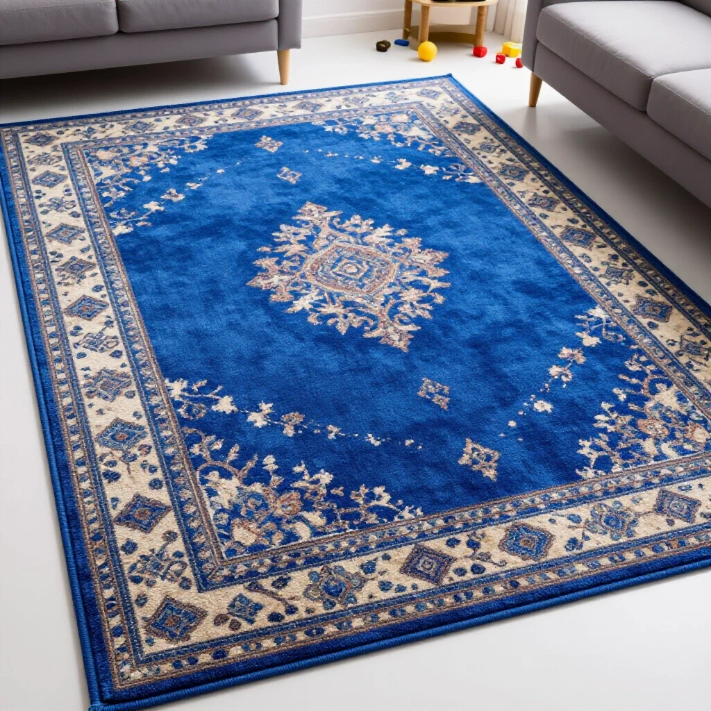 Vibrant royal blue area rug contrasted with a faded version in a cozy living room, highlighting rug wear and tear prevention tips.