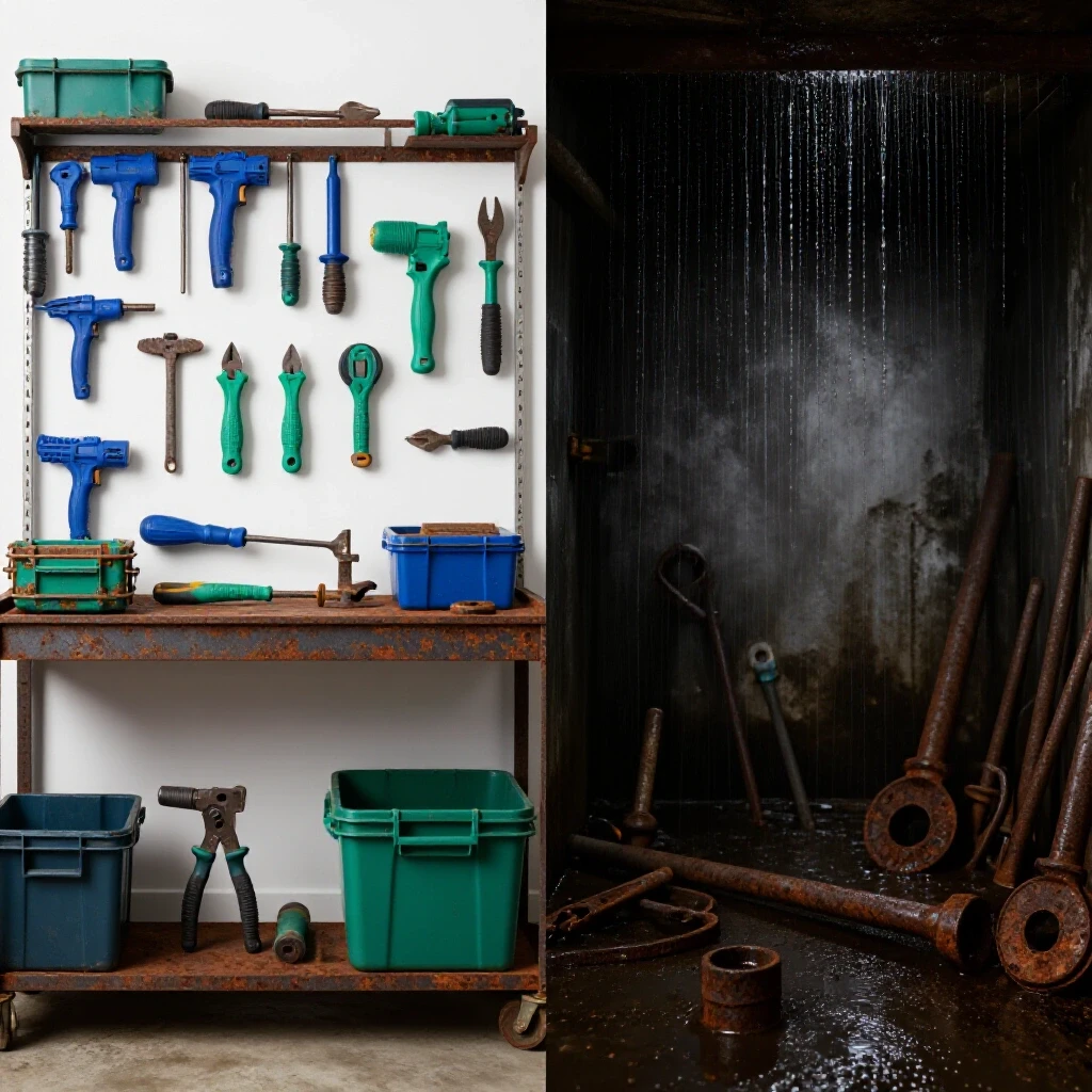 A split scene showing a bright, organized tool area against a dark, rusty basement, highlighting maintenance versus neglect.