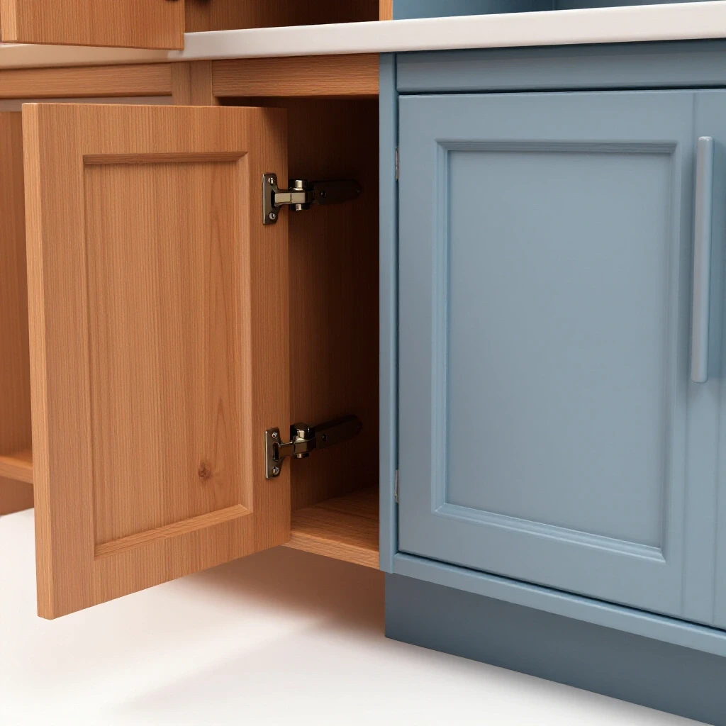 A split-screen image of a cabinet: one side shows a broken soft-close hinge, and the other displays a fully functional cabinet; emphasizes maintenance tips.