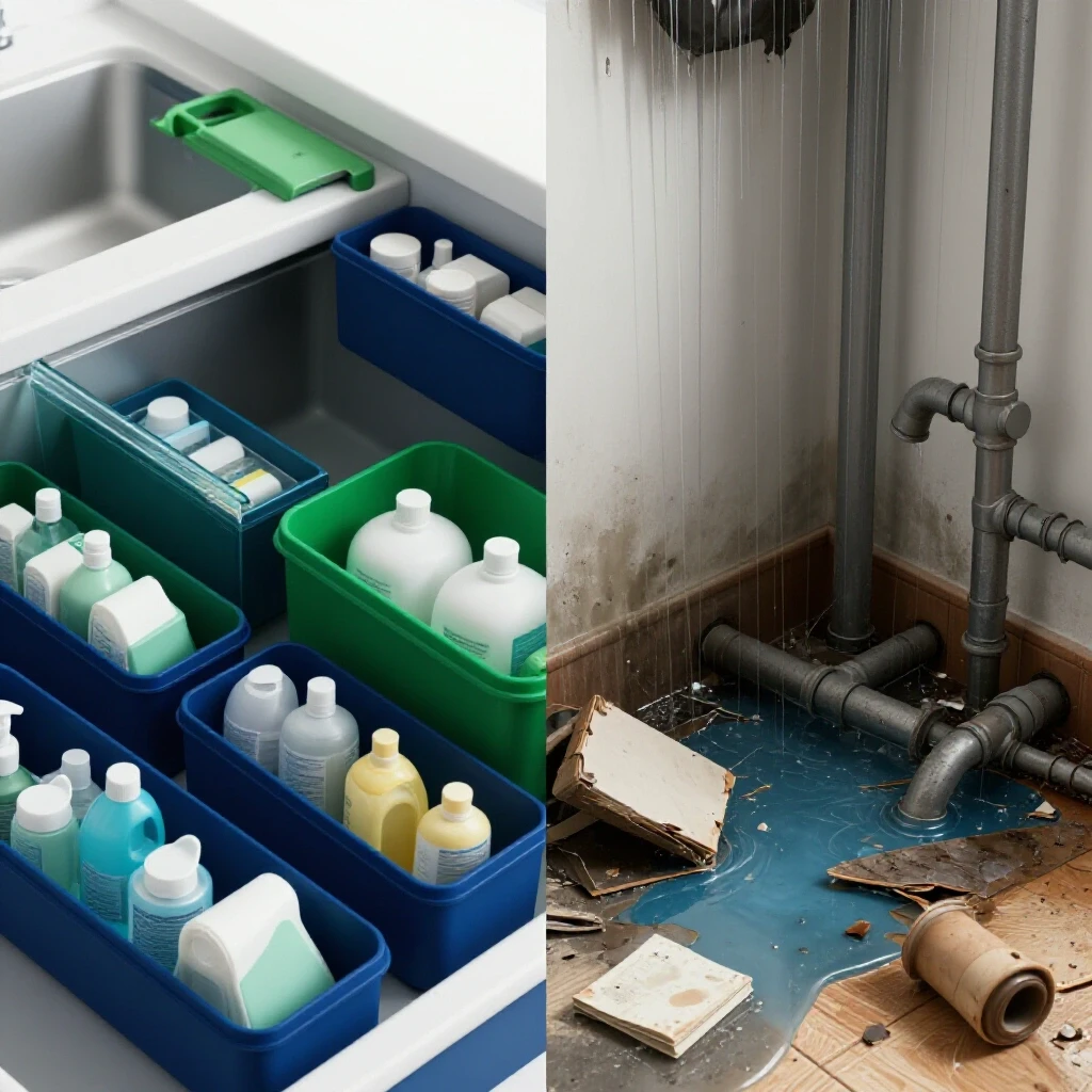 A split image showing a tidy under-sink area on one side and a water-damaged chaotic scene on the other, highlighting organization vs. disorder.