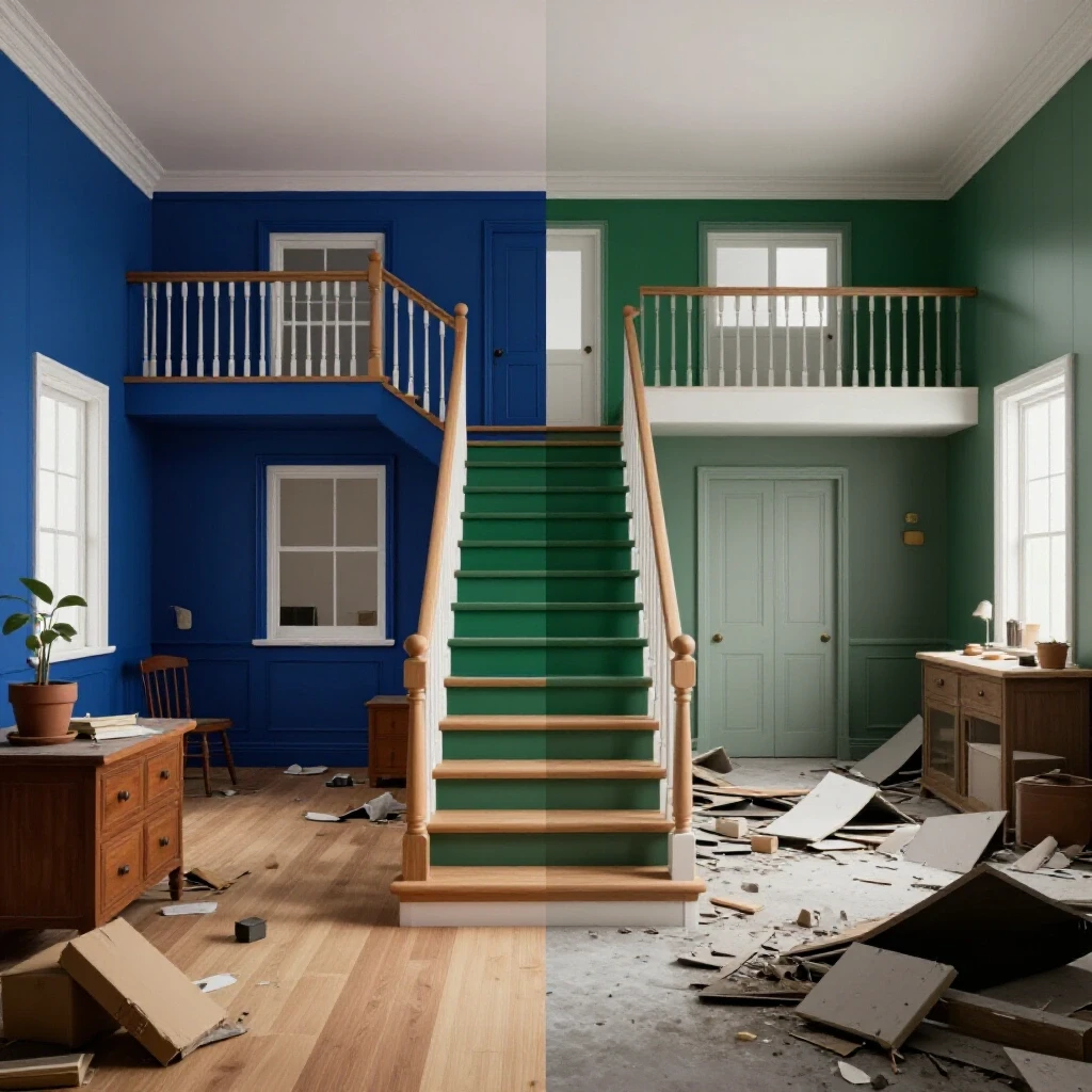 A contrasting image of a well-kept home interior and a cluttered space, symbolizing home maintenance benefits.