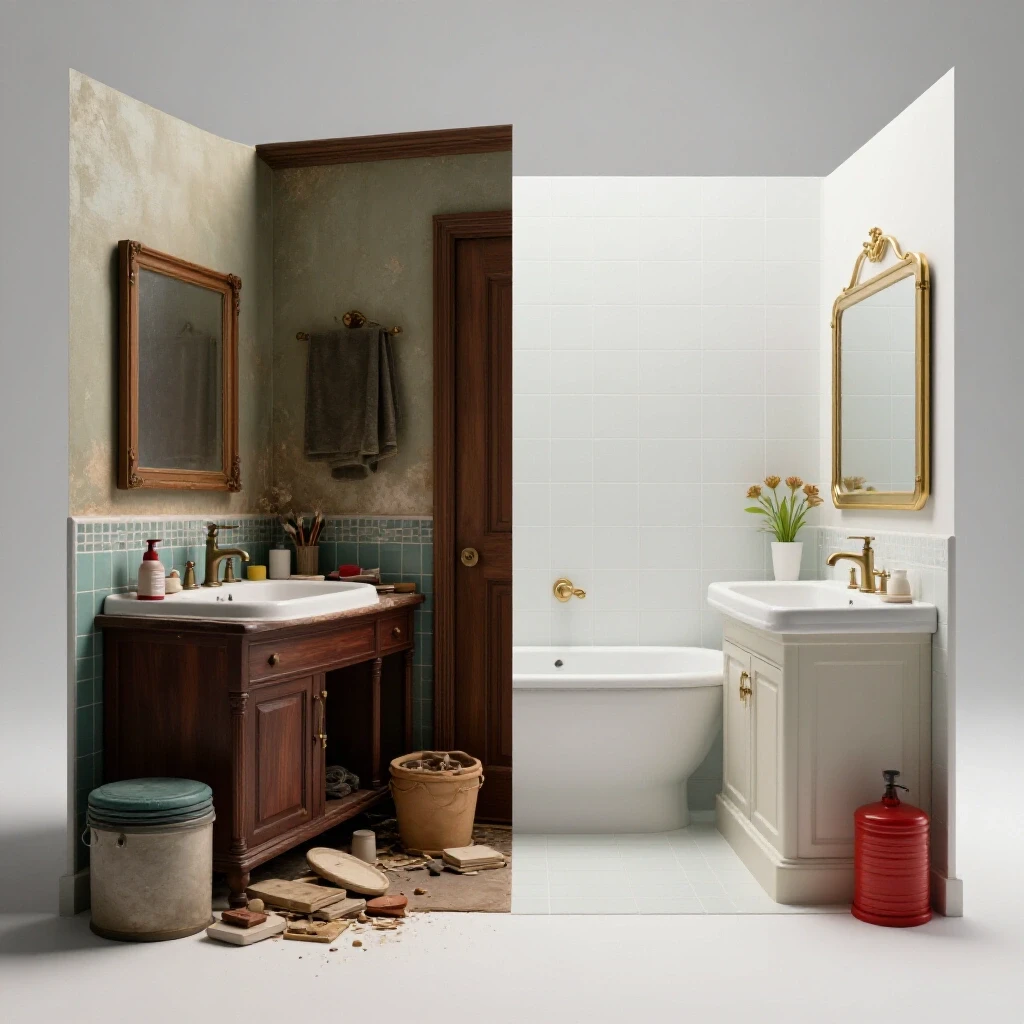 A split image showing a dated bathroom contrasted with a modern, stylish primary bath remodel, emphasizing vibrant colors and elegant features.