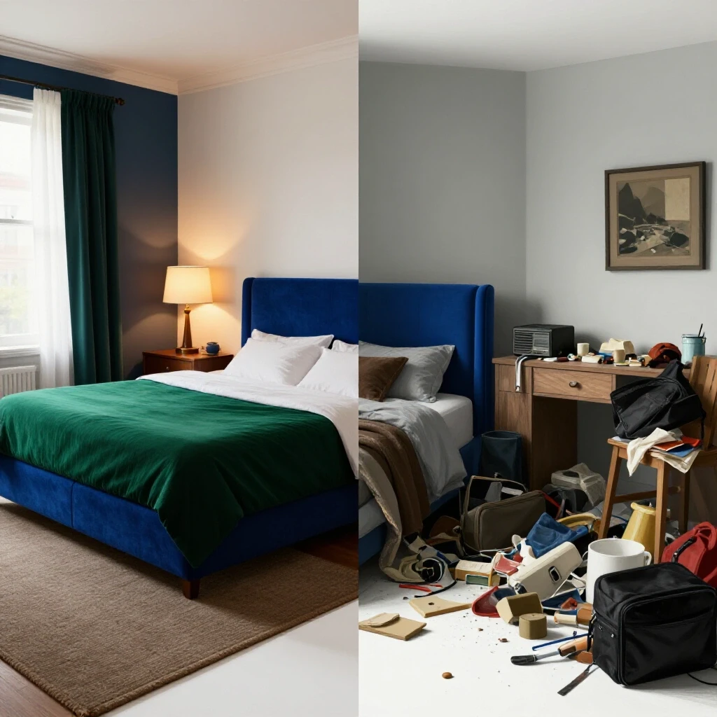 A split-image showing a beautifully designed primary suite contrasting with a cluttered space, illustrating common design problems and solutions.