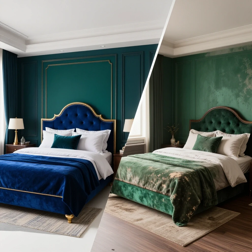 A visual comparison of a beautifully renovated luxurious primary suite and an outdated messy version, showcasing transformation.