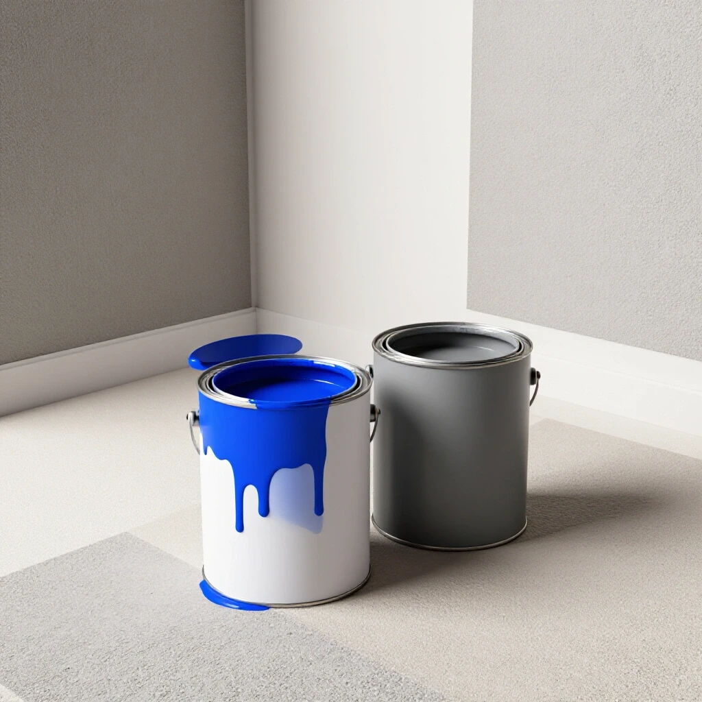 A vibrant blue paint can overflowing beside a dull grey paint can on a textured surface, illustrating color quality.