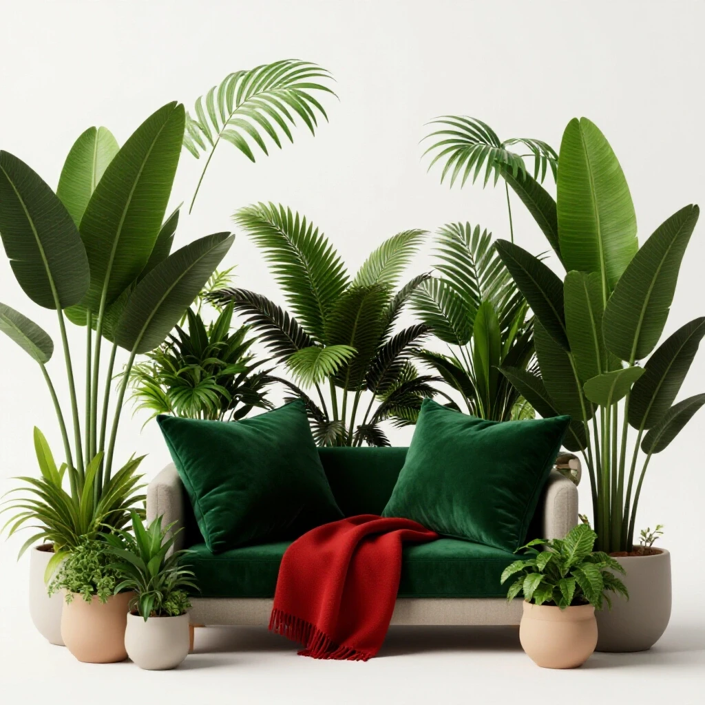 A cozy corner with deep emerald green cushions and a crimson throw, surrounded by lush plants painted in bright light.