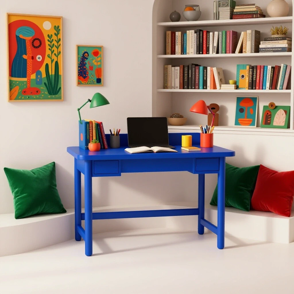 Cheerful homework nook designed for kids featuring colorful desk and playful decor around a bookcase.