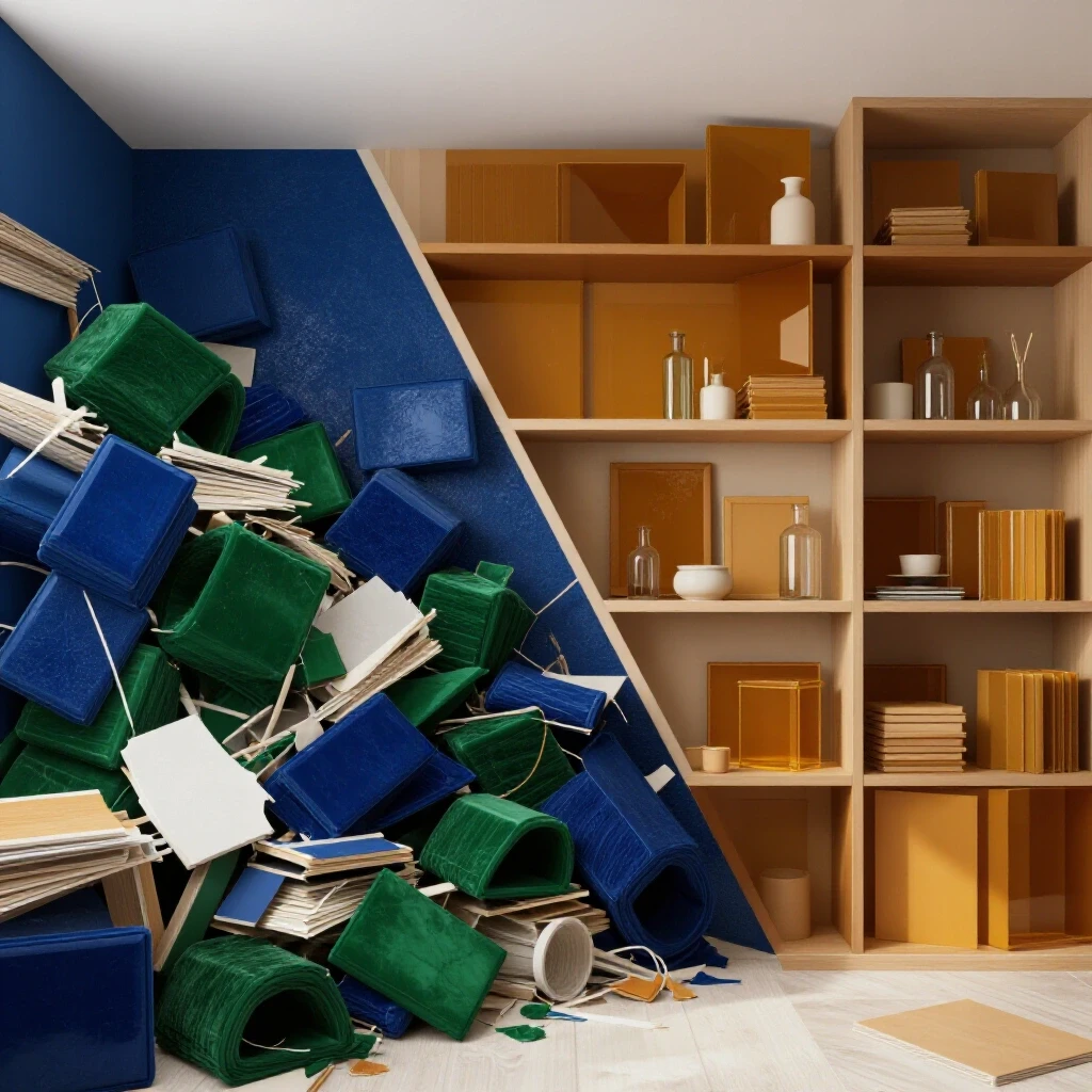 A visually striking comparison of a chaotic renovation space and an organized area, illustrating project coordination.
